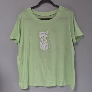 Floral Cat Applique Short Sleeve Tee - Light Green